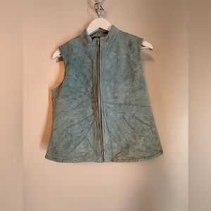 Catherine Stewart Embroidered Blue Washable Suede Leather Zip Up Vest Womens Med